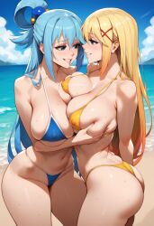 2girls ai_generated aqua_(konosuba) beach bikini blonde_hair blue_bikini blue_eyes blue_hair bombacopta darkness_(konosuba) female female_only groping_breasts kono_subarashii_sekai_ni_shukufuku_wo! large_breasts multiple_girls pressing_breasts_together thick_thighs yellow_bikini yuri