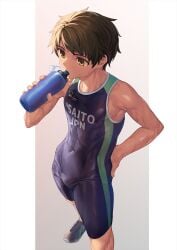 1boy brown_eyes brown_hair nayoshi_(r-744) no_visible_genitalia skinny sweat sweatdrop swimsuit young