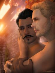 2boys artist_name artist_signature bara beard_stubble beauty_mark black_hair blonde_hair closed_eyes cuddling cullen_rutherford dark-skinned_male dark_hair dark_skin day dorian_pavus dragon_age dragon_age_inquisition duo facial_hair gay gay_male human ivy_(plant) leofina light-skinned_male light_skin looking_at_partner mage male male/male male_only mole moustache nipples plant smile straight_male stubble sunlight tree video_games yaoi