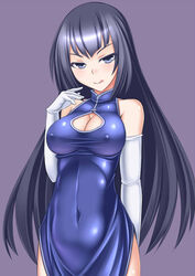 1girls blush breasts busty china_dress chinese_clothes cleavage cleavage_cutout covered_navel covered_nipples elbow_gloves erect_nipples female gloves kurosaka_miori licking_lips long_gloves long_hair looking_at_viewer meian myouan navel nipples original purple_background purple_hair simple_background solo voluptuous