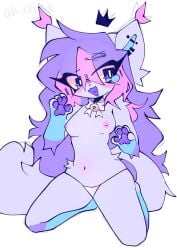 bikini collar cow_print deviltxn diviltxn ear_piercing female_only furry mostly_nude multicolored_body multicolored_fur multicolored_hair onii_(oniixide) oniixide pink_collar posing posing_for_the_viewer purple_tongue solo_female tearing_up white_background