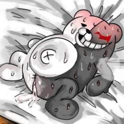 bear bed bed_sheet cum cum_inside danganronpa danganronpa_2:_goodbye_despair flustered monokuma plushophilia teddy_bear