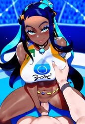 1boy 1girls ai_generated breast_grab crop_top dark-skinned_female guided_penetration nessa_(pokemon) pokemon pokemon_ss pov public sex spread_legs thiccwithaq_(ai_style) tittyg-ai vaginal_penetration