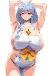 1girls animal_ears apron apron_only armpits arms_up between_breasts big_belly blue_eyebrows blue_hair braid carrot carrot_paizuri chubby chubby_female circle_eyebrows cleavage dot_mouth eyebrows eyebrows_visible_through_hair female female_only front_view hands_behind_head hololive hololive_fantasy hololive_japan large_breasts light-skinned_female light_blue_hair mature mature_female milf mother multicolored_hair naked_apron naked_aprong object_between_breasts pekomama rabbit_ears single_braid solo standing thick_eyebrows upper_body vegetable virtual_youtuber white_apron white_background white_hair yotahen