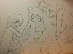 anthro balls closed_eyes eyebrows flaccid group hair kemono lagomorph looking_at_penis male male_only mammal monochrome nude penis plain_background pointing sirotae_konnta sitting sketch uncut young