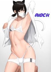 1boy bikini black_hair bulge cat_ears catboy crossdressing facemask girly male male_only misago_(artist) solo solo_male