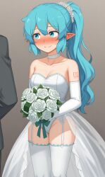 ai_generated aqua_eyes aqua_hair blush bouquet bride brittle choker cleavage condom_wrapper elbow_gloves elf female flowers garter_belt hatsune_miku holding_object leotard looking_at_another pointy_ears ponytail smile stable_diffusion thighhighs vocaloid wavy_mouth wedding_dress