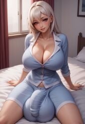 1futa ai_generated balls_bigger_than_penis balls_under_clothes bangs bed bedroom big_balls big_breasts big_penis blush bulge civitai cleavage closed_mouth clothed collarbone curtains flaccid flaccid_penis full-package_futanari fully_clothed futa_only futanari hair_between_eyes huge_balls huge_breasts huge_bulge indoors legs lips long_hair long_sleeves looking_at_viewer mizuiro01 mole mole_on_breast on_bed pajamas penis_under_clothes pillow shirt shorts sitting sitting_on_bed smile solo solo_futa spread_legs testicles white_hair window