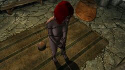 1girls 3d ball_and_chain bondage bound bound_hands dirkjag gag gagged mod nude nude_female red_hair skyrim