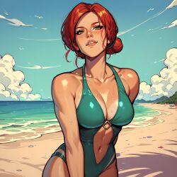 ai_generated beach breasts female light-skinned red_hair solo swimsuit the_witcher_(series) the_witcher_3:_wild_hunt triss_merigold ximiral