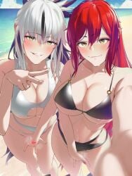 2girls beach bikini black_bikini black_hair breasts censored cleavage closed_mouth commentary_request commission fate/grand_order fate_(series) fingering green_eyes grey_hair hair_between_eyes halterneck large_breasts long_hair mixed-language_commentary mosaic_censoring multicolored_hair multiple_girls mutual_fingering mutual_masturbation nagao_kagetora_(fate) navel nipples o-ring ocean outdoors parted_lips pixiv_commission ponytail red_hair selfie smile standing streaked_hair swimsuit tamamoice two-tone_hair uesugi_kenshin_(fate) v white_bikini yuri