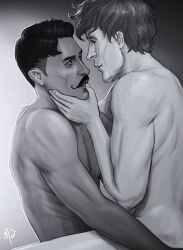 2boys artist_signature ass_grab bara beauty_mark biceps black_and_white black_hair brown_hair colorless cowgirl_position dark-skinned_male dark_hair dark_skin dorian_pavus dragon_age dragon_age_inquisition duo facial_hair finger_on_lip freckles gay gay_male grabbing_ass heryn_trevelyan human inquisitor_(dragon_age) light-skinned_male light_skin looking_at_another looking_at_partner mage male male/male male_only merwild messy_hair mole monochrome moustache muscles muscular muscular_male naked naked_male nude nude_male on_top pecs scar scars smile smiling video_games yaoi