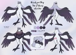 abstract_background absurd_res anthro avian avian_feet beak bird birdpathy birdpaw_(artist) genitals great_grey_shrike hi_res male model_sheet penis poncho_only solo text wings