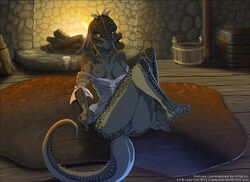 1girls 2014 2d anthro anus argonian bedroom_eyes bottomless breasts breasts_out claws clothing dress_down female female_only fire horn inside lady_owl ladyowl lizard looking_at_viewer medium_breasts nipples presenting pussy reptile scales scalie seated shahvee sitting skyrim small_breasts solo solo_female the_elder_scrolls video_games yellow_eyes