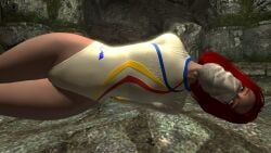 1girls 3d arms_behind_back cloth_gag dirkjag gag gagged leotard mod red_hair skyrim