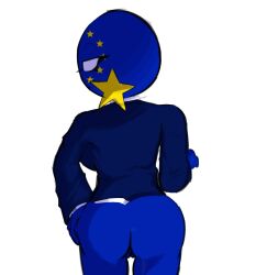 ass ass_focus back_view blank_eyes blue_body countryhumans countryhumans_girl earrings european_union_(countryhumans) grabbing_own_ass groping groping_ass looking_back pussy sleepserumm suit white_background white_eyes