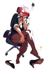 1girls absurdres big_ass big_breasts big_thighs black_skirt blue_eyes breasts brown_lips brown_pantyhose chair cleavage clothed collared_shirt commentary crossed_legs dark-skinned_female dark_skin eigaka english_commentary feet female female_only fingernails formal full_body giovanna_(guilty_gear) green_nails guilty_gear guilty_gear_strive high_heels highres huge_breasts nail_polish office_chair office_clothing office_lady pain pantyhose pencil_skirt plunging_neckline red_hair shirt shoe_dangle shoes short_hair short_skirt single_shoe sketch skirt skirt_suit sleeves_rolled_up solo solo_female squiggle stockings suit swivel_chair taking_off_shoes taking_shoes_off thick_thighs thighs toes unworn_shoes white_background white_shirt