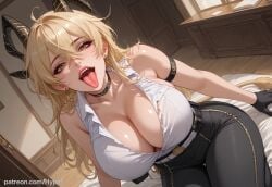 ai_generated alternate_version_at_source big_breasts blonde_hair breasts female high-angle_view horns hypet indoors long_hair looking_at_viewer pants shiny_skin tagme thick thick_ass thick_thighs thighs tongue_out wuthering_waves zani_(wuthering_waves)