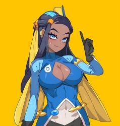 1girls 2022 2022s black_gloves black_hair blue_eyes boob_window breasts cleavage cleavage_cutout closed_mouth clothed clothing cosplay dark-skinned_female dark_skin drunkoak ear_piercing eyeshadow female female_focus female_only game_freak gen_8_pokemon generation_8_pokemon hand_up human human_female human_only inteleon_(cosplay) multicolored_hair nessa_(pokemon) nintendo pointing_up pokemon pokemon_(cosplay) pokemon_(franchise) pokemon_ss pokemon_sword_&_shield pokemon_swsh pokemon_trainer simple_background smile smiling smiling_at_viewer solo solo_female sweat sweatdrop wide_hips yellow_background