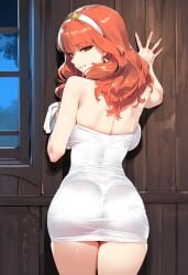 1girls ai_generated ass back big_ass blush breasts celica_(fire_emblem) fire_emblem large_breasts medium_hair naked_towel orange_hair presenting_ass presenting_hindquarters princess red_eyes royalty seductive seductive_smile solo towel white_towel