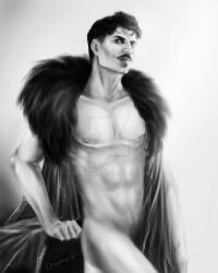 1boy abs artist_name artist_signature artist_website bara beauty_mark biceps black_and_white black_hair cape colorless dark_hair dorian_pavus dragon_age dragon_age_inquisition elmroko facial_hair gay_male looking_at_viewer mage male male_only male_pubic_hair mole monochrome moustache muscles muscular muscular_male naked naked_male nipples no_visible_genitalia nude nude_male pecs pubic_hair solo solo_male standing standing_position video_games