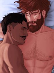 2boys abs artist_signature asleep bara beard beauty_mark biceps black_hair chest_hair closed_eyes dark-skinned_male dark_hair dark_skin dorian_pavus dragon_age dragon_age_inquisition duo facial_hair freckles gay gay_male hairy_chest heryn_trevelyan human inquisitor_(dragon_age) light-skinned_male light_skin mage male male/male male_only merwild messy_hair mole moustache muscles muscular muscular_male nipples pecs red_hair scar scars sleep sleeping sleeping_together video_games yaoi