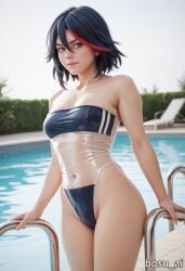 1girls ai_generated bosu_ai female female_only gris_swimsuit human kill_la_kill matoi_ryuuko midriff navel one-piece_swimsuit pool poolside solo tight_clothing translucent_clothing water