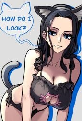 1girls ai_assisted ai_generated bare_arms bare_legs bare_shoulders bare_thighs big_breasts black_hair blue_eyes cat_ears cat_tail clothed clothing color female female_focus female_only hi_res large_breasts light-skinned_female light_skin long_hair looking_at_viewer nico_robin nipples_visible_through_clothing one_piece redpostit shounen_jump solo solo_female tagme thick_thighs