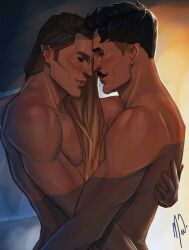 2boys artist_signature bara bartridge_trevelyan biceps brown_hair closed_eyes cuddling dark-skinned_male dark_hair dark_skin dorian_pavus dragon_age dragon_age_inquisition duo ear_piercing earrings facial_hair gay gay_male holding_partner human inquisitor_(dragon_age) light-skinned_male light_skin long_hair mage male male/male male_only merwild moustache moustache muscles muscular muscular_male nipples pecs piercing shirtless smile smiling video_games yaoi