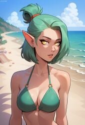 1girls ai_generated amity_blight beach bikini breasts cleavage cloud collarbone day disney disney_channel earrings green_bikini green_hair looking_at_viewer ocean outdoors parted_lips pointy_ears sky solo swimsuit the_owl_house upper_body xiiirockiiix yellow_eyes