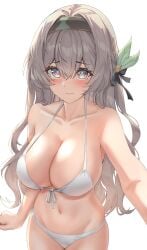 absurdres bare_shoulders bikini black_ribbon breasts female firefly_(honkai:_star_rail) grey_hair hair_ribbon hairband highres honkai:_star_rail honkai_(series) large_breasts long_hair navel pink_eyes ribbon simple_background solo stomach swimsuit theory_(oortcloud1111) very_long_hair white_background white_bikini