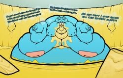 big_belly big_breasts blue_fur butter chubby_cheeks exposed_breasts food_stains morbidly_obese morbidly_obese_anthro morbidly_obese_female naked naked_anthro naked_female nicole_watterson overweight overweight_anthro overweight_female text the_amazing_world_of_gumball