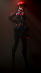 1girls 3d amateur_artist ass ass_focus black_widow_(marvel) black_widow_(marvel_rivals) bodysuit clothed dark_environment female female_only fully_clothed fully_clothed_female gnightsound hand_on_side looking_at_viewer looking_back marvel marvel_cinematic_universe marvel_comics marvel_rivals skin_tight suit