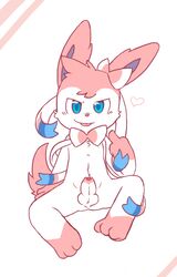 2014 3_toes anthro balls blue_eyes cute fur heart looking_at_viewer male male_only middle_finger nintendo oob paws penis pokemon ribbons sitting solo sylveon toes tongue tongue_out uncut video_games