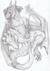 animal_genitalia anus cum cumshot dragon genital_slit greyscale killveous male masturbation monochrome orgasm penis scalie slit solo tongue wings