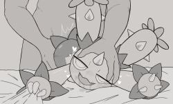 1boy bed_sheet blush commentary completely_nude drooling english_commentary female grabbing_another's_ass grey_background greyscale groping half-closed_eyes hand_on_another's_head happy happy_sex head_tilt heart highres interspecies jitome looking_at_viewer lying maractus mawaifu monochrome monster_girl nose_blush nude on_bed on_stomach open_mouth outstretched_arms plant_girl pokemon pokemon_(creature) pokephilia saliva sex sex_from_behind sheet_grab simple_background smile solo_focus spikes straight wavy_mouth