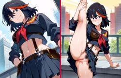 ai_generated anus bangs black_clothes black_hair black_skirt blue_eyes blue_skirt blush breasts building closed_mouth clothes_lift clothing crop_top day eyebrows female female_only female_pubic_hair fence footwear hair_between_eyes indoors kamui_(kill_la_kill) kill_la_kill leg_up looking_at_viewer matoi_ryuuko medium_breasts midriff miniskirt multicolored_hair navel neckerchief neckwear nopan outdoors pleated_skirt pubic_hair red_hair red_neckerchief red_neckwear rooftop sailor_collar school_uniform senketsu serafuku shirt short_hair skirt skirt_lift skirt_pull sky smile solo split standing standing_on_one_leg standing_split stomach streaked_hair suspenders thighs two-tone_hair uniform vagina wodstudio