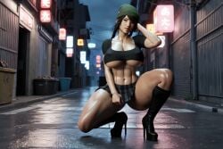 3d 3d_(artwork) abs ai_generated alley alleyway beanie big_ass big_breasts black_hair braided_hair city cleavage crop_top hispanic latina midriff outdoors pleated_skirt radnsad skirt solo solo_female solo_focus tess(oc) thick_thighs twin_braids urban