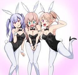 3girls absurdres achilles_(azur_lane) ajax_(azur_lane) animal_ears azur_lane black_leotard blue_eyes commission fake_animal_ears highres leander_(azur_lane) leotard multiple_girls pantyhose pink_hair playboy_bunny purple_eyes purple_hair red_eyes tabataba_no_ki white_pantyhose