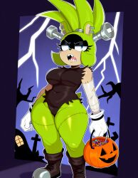 1girls 2d ai_generated bolt breasts candy cyberslop female frankenstein_costume halloween halloween_bucket halloween_costume holding_bucket idw_comics idw_publishing lightning mobian mobian_(species) mobian_tenrec screw_on_head sega solo solo_female sonic_(series) sonic_the_hedgehog_(comics) sonic_the_hedgehog_(idw) sonic_the_hedgehog_(series) surge_the_tenrec thick_thighs torn_clothes