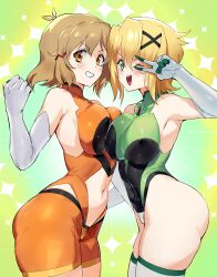 2girls absurdres akatsuki_kirika asymmetrical_docking blonde_hair blush bodysuit breast_press breasts covered_navel elbow_gloves gloves green_eyes green_thighhighs hair_ornament hairclip hand_on_another's_hip highres large_breasts leotard light_brown_hair looking_at_viewer multiple_girls navel negresco open_mouth orange_bodysuit orange_eyes senki_zesshou_symphogear shiny_skin short_hair smile standing striped striped_thighhighs tachibana_hibiki_(symphogear) thighhighs thighs v_over_eye x_hair_ornament