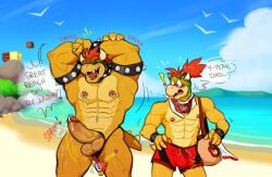 2boys abs age_difference aged_up anthro anthro_only armband armlet arthropod balls bandana beach biceps big_balls big_penis bikini_thong blush bodily_fluids bowser bowser_day bowser_jr. bulge clothed clothing cock_ring collar crab crustacean cuffs_(clothing) decapoda dialogue dripping duo erection erection_under_clothing facial_hair fangs father father_and_child father_and_son flexing flustered gay genital_fluids genital_outline genital_piercing genitals goatee hair heart hi_res horn huge_balls huge_cock humanoid_genitalia humanoid_penis kerchief koopa malacostracan male male/male male_only marine mario_(series) multicolored_body muscular muscular_anthro muscular_male navel navel_piercing nintendo nipple_piercing nipple_ring nipples open_mouth outside parent parent_and_child partially_clothed pecs penis penis_piercing piercing poppin precum precum_drip prince_albert_piercing pulling_underwear red_hair reptile sand scalie seaside shocked_expression size_difference sky smile spikes studded_armlet studded_bracelet studded_collar studded_wristband super_mario_bros. swimming_trunks swimwear tail thong tongue underwear undressing vein veiny_penis video_games wardrobe_malfunction water