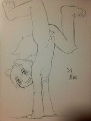 1boy anthro balls eyebrows grin hair handstand kemono male male_only monochrome penis sirotae_konnta sketch solo teeth