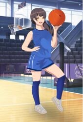 absurdres ball basketball basketball_(object) basketball_jersey basketball_uniform blue_dress blush brown_hair buruma dress female gym gym_shorts highres holding holding_ball non-web_source open_mouth original shirt shorts skirt smile solo sportswear sweatband teeth yuuhi_(yuyuhihi)