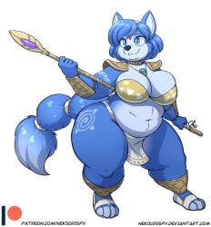 1girls anthro belly blue_eyes blue_fur blue_hair breasts canine canine_humanoid chubby chubby_female cleavage fat female female_only fox furry hips krystal krystal's_staff loincloth nekocrispy sandals staff star_fox star_fox_adventures stomach thick_thighs thighs weight_gain white_hair wide_hips