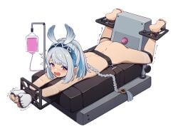 bound bound_arms brown_eyes chinese_commentary commentary_request female genshin_impact grey_hair highres long_hair lying mualani_(genshin_impact) nude on_stomach restrained solo stationary_restraints xiaochai_hu