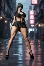 3d abs ai_generated alley alleyway beanie big_ass big_breasts black_hair braided_hair city cleavage crop_top hispanic latina midriff outdoors pleated_skirt radnsad skirt solo solo_female solo_focus tess(oc) thick_thighs twin_braids urban