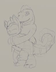 absorption alien anthro carrying closed_eyes dripping duo erection experiment_(species) fan_character full-length_portrait furry goo hug jayton lizard male male_only merging monochrome ovni penis petrock pointy_ears precum reptile scalie standing tongue tongue_out