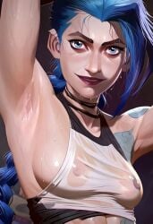 ai_generated arcane_jinx armpit_fetish armpits arms_up jinx_(league_of_legends) nipples_visible_through_clothing wet_clothes wet_skin