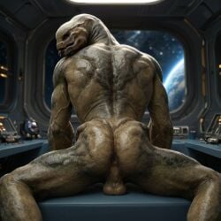 1boy ai_generated alien anus facing_away gay halo_(series) indoors looking_back male_focus male_only monster nude presenting sangheili science_fiction sitting solo space spacecraft stable_diffusion testicles thighs uncensored veins window yellow_eyes